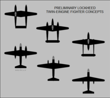 Preliminary Lockheed twin-engine P-38 fighter concepts Lockheed P-38 Lightning fighter concept silhouettes.png