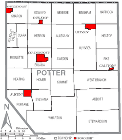 Map of Potter County with municipal labels showing boroughs (red) and townships (white) Map of Potter County Pennsylvania With Municipal and Township Labels.png