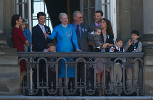 The Royal Family of Denmark during Queen Margrethe II's 70th birthday, 16 April 2010. Monarchy Of Denmark April 2010 royal family.jpg