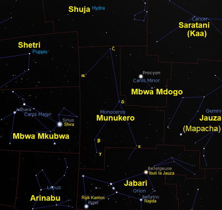 Munukero (kundinyota) Kundinyota Munukeru (Monoceros) (CC BY-SA 4.0 © 2004-2016 Fabien Chereau et al. Stellarium)