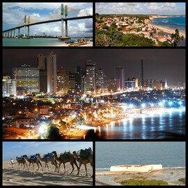 Acima à esquerda, a Ponte de Todos Newton Navarro; acima à direita, vista da praia de Pipa; no centro, vista de Natal à noite; abaixo à esquerda, camelos na praia de Genipabu; abaixo à direita, vista da Fortaleza dos Reis Magos.