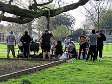 A group of people in London, 8 April 2020 One form of exercise social distancing Tottenham style Covid-19 pandemic 7.jpg