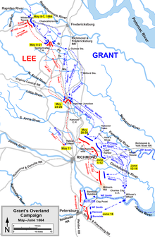 A map of the 1864 Overland Campaign, including the location of the Battle of Yellow Tavern