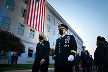 Milley and his wife Hollyanne attend a sunrise flag unfurling ceremony on the west side of the Pentagon on September 11, 2021, the 20th anniversary of the September 11 attacks. Pentagon September 11th Memorial Service 210911-D-WD757-1435.jpg