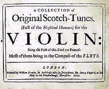 Cover of John Playford's Collection of original Scotch-tunes, (full of the highland humours) for the violin (1700) Playfordtunescover.jpg