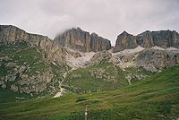 Landschap aan de top van de Pordoipas, van Canazei naar Arabba (Livinallongo del Col di Lana, Belluno, Veneto)