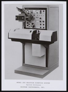 The Spinco Division Model 260 Reaction Kinetics System measured the precise rate constants of molecular reactions. Reaction kinetics system nz805z932.tiff