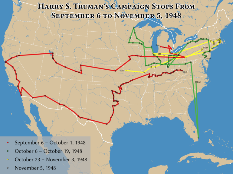 The tour is divided into three segments:
1 - cross-country to California (Red)
2 - tour of the Middle West (Green)
3 - final ten days in the Northeast with a return trip to Missouri (Yellow) Truman1948Stops.png