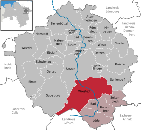 Poziția Wrestedt pe harta districtului Uelzen