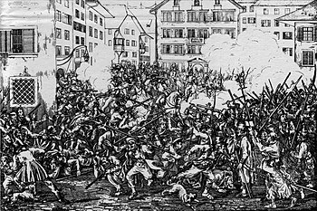 Karikatur der Kämpfe auf dem Münsterhof beim Züriputsch, Schweizerischer Bildkalender für das Jahr 1840
