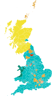 Estimated results of the 2019 European Parliament election for House of Commons constituencies in Great Britain. Dr. Chris Hanretty, a Reader in Politics at the University of East Anglia, estimated through a demographic model the most likely result by parliamentary constituency should it be repeated at a general election, concluding that the Brexit Party would have won a majority with 414 seats. 2019 European Parliament election in the United Kingdom estimated results by Westminster constituency.svg