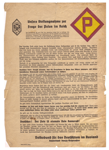 Affiche anti-polonaise publiée par Volksbund für das Deutschtum im Ausland (Association pour la « germanité » à l'étranger) Gauverband Danzig Westpreußen (Association du « comté », Gdansk, Prusse occidentale).