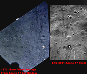 Porovnání místa přistání modulu Apollo 17 mezi původním 16 mm záběrem pořízeným z okna Lunárního modulu během výstupu v roce 1972 a snímkem místa přistání modulu Apollo 17 z měsíčního průzkumného orbiteru z roku 2011. Převzato z videa EEVdiscover.