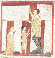 A giant helps Merlin build Stonehenge. From a manuscript of the Roman de Brut by Wace (British Library, Egerton 3208)