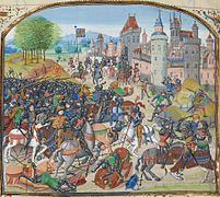 Batalla de Neville's Cross en 1346. Victoria inglesa contra los escoceses.