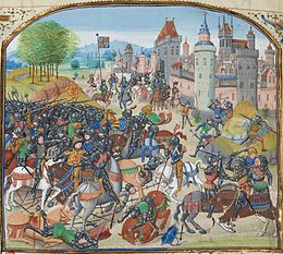 Battle of Neville's Cross from a 15th-century manuscript BNMsFr2643FroissartFol97vBatNevilleCross.jpg