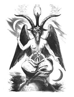 The 19th century image of Baphomet, created by Eliphas Lvi. The arms bear the Latin words SOLVE (dissolve) and COAGULA (congeal).