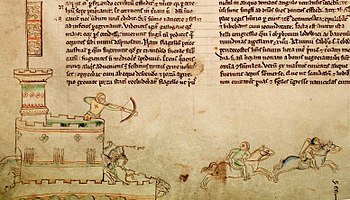 An early 13th-century drawing by Matthew Paris showing contemporary warfare, including the use of castles, crossbowmen and mounted knights BitvaLincoln1217ortho.jpg