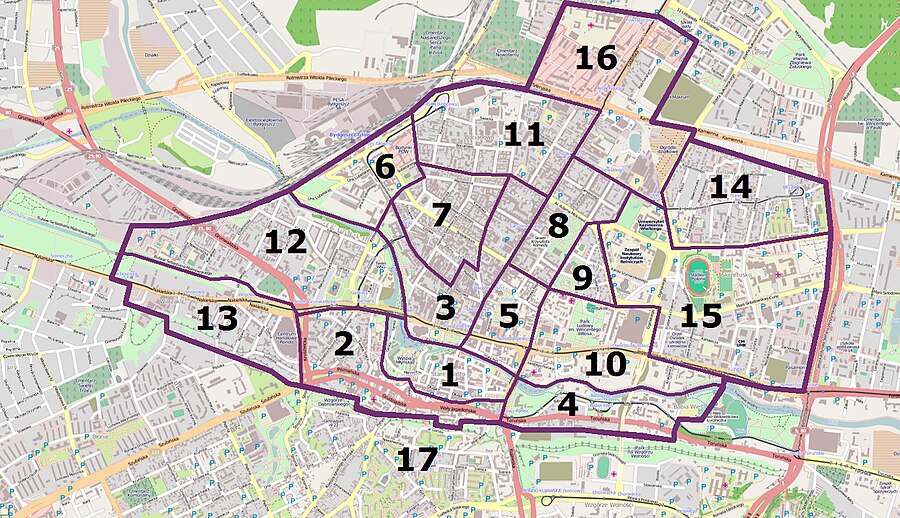 Schemat historyczny bydgoskiego Śródmieścia[6] * 1 – Miasto lokacyjne wraz z wyspami: młyńską i dawną zamkową * 2 – Przedmieście Poznańskie i Chwytowo * 3 – Przedmieście Gdańskie oraz tereny wzdłuż ulic Gdańskiej, Pomorskiej i Dworcowej zabudowywane w I poł. XIX w. * 4 – Przedmieście Kujawskie, Babia Wieś i Żupy * 5 – Grodztwo – nowe centrum administracyjno-oświatowe Bydgoszczy powstałe w latach 1850–1900 * 6 – Friedrich Wilhelm Stadt – rozplanowana w 1853 r. dzielnica „kolejowa”, zabudowa zrealizowana w latach 1870–1900 * 7 – Elizabeth Stadt – rozplanowana w 1853 r. dzielnica przeznaczona głównie dla pracowników kolejowych, zabudowa zrealizowana w latach 1870–1900 * 8 – Hempelscher Felde – dzielnica miasto-ogród, rozplanowana w 1896 i 1903 r., która uzyskała najlepszy w Bydgoszczy projekt urbanistyczny * 9 – Sielanka – dzielnica miasto-ogród zaprojektowana przez niemieckiego urbanistę Hermanna Stübbena w 1910 r. Realizacja trwała do 1939 r. * 10 – dzielnica komunalnej zabudowy przemysłowej, gdzie na przełomie XIX/XX w. powstała m.in. gazownia, rzeźnia miejska, znajdował się tam również największy w mieście cmentarz ewangelicki (założony w 1778 r.), obecnie Park Ludowy im. Wincentego Witosa * 11 – dzielnica koszarowa i zabudowy mieszkaniowej powstała po 1870 r. * 12 – Okole – dzielnica mieszkaniowo-przemysłowa na Wyspie Kanałowej (niem. Canalwerder, włączona do miasta w 1920 r.) * 13 – Wilczak – dzielnica mieszkaniowo-przemysłowa wzdłuż ul. Nakielskiej i Kanału Bydgoskiego (włączona do miasta w 1920 r.) * 14 – osiedle urzędników Bielawy powstałe w latach 1903–1906 według koncepcji miasta-ogrodu * 15 – planowana nowa dzielnica miasto-ogród Szretery według projektu Josepha Stübbena (1914), zrealizowana według zmodyfikowanych polskich planów urbanistycznych, lecz z nawiązaniem do rozwiązań Stübbena * 16 – tereny przeznaczone m.in. na koszary i szkołę wojskową, włączone do miasta na pocz. XX wieku * 17 – przedmieście Szwederowo, włączone do miasta w 1920 r.