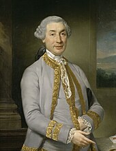 Half-length portrait of a wigged middle-aged man with a well-to-do jacket. His left hand is tucked inside his waistcoat.