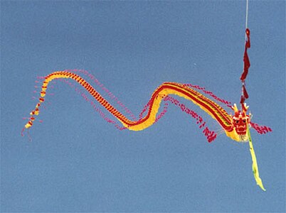 Layangan naga Tiongkok lantangne luwih tekén satus batis sané makeber ring festival layang-layang Berkeley, California warsa 2000