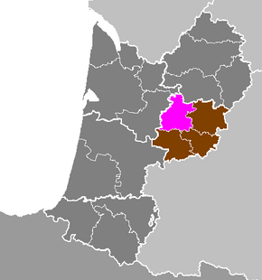 Arrondissement Marmande na mapě regionu Akvitánie (fialově)