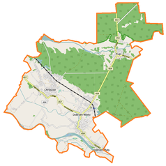 Mapa konturowa gminy Dobrzeń Wielki, po lewej znajduje się punkt z opisem „Kościół św. Jadwigi Śląskiej w Chróścicach”