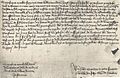 Bild 9: Guillaume Dufays Handschrift im einzig erhalten gebliebenen Brief an die Brüder Piero und Giovanni de' Medici vom 22. Februar 1454 oder 1456. In seiner Unterschrift verwendete Dufay ein Notenrebus. Das fa seines Namens schrieb er als Note auf der Linie eines C-Schlüssels im hexachordum durum. Vergleiche das Notenrebus auf Dufays Epitaph (Bild 10).