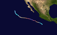 A track map of the path of a hurricane over the Eastern Pacific Ocean; it generally moves west-northwestward, paralleling the Pacific coast of Mexico while remaining well offshore, though it turns northward near the end of its life