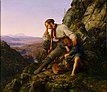 Auf einem Felsen oberhalb einer romatisch dargestellten Landschaft sitzt der Räuber. Er stützt den geneigten Kopf mit der rechten Hand, den linken Arm hat er um seinen schlafenden Sohn gelegt.