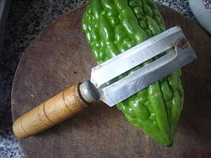 A fixed blade straight peeler aka sugarcane/pineapple peeler common in Asia