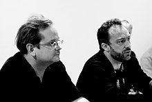 Lessig and Jimmy Wales at the iCommons iSummit07 in Dubrovnik Lessig-Wales-20070615.jpg