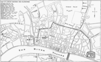 Karte Londons mit allen Theatern bis zur behördlichen Schließung 1642 (Das Salisbury Court Theatre befindet westlich der St Paul’s Cathedral)