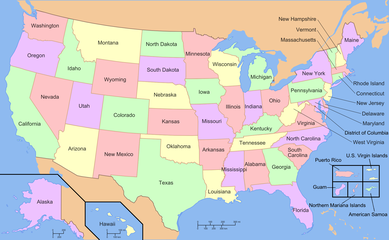 Map with the 50 states, District of Columbia, and 5 major U.S. territories