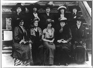 Members of the Congressional Committee of the NAWSA. Back row, second from left is Nina Allender; second from right is Hazel MacKaye; far right Elsie Hill. Front row (L to R): Glenna Tinnin, Helen Gardener, Alice Paul, Elizabeth Thatcher Kent, and Genevieve Stone. Members of the Congressional Committee of the NAWSA.jpg