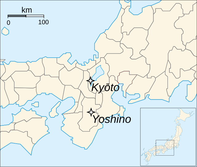 난보쿠초 시대의 황실 수도를 보여주는 지도, 이 중 북조의 수도는 헤이안쿄였다.