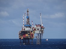 An oil rig in the North Sea, oil production is centred in the waters off the Scottish northeast coast North Sea oil rig.jpg