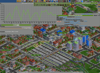 OpenTTD (2004) is a business simulation game in which the player tries to earn money by transporting passengers and freight via road, rail, water and air Openttd interface.png