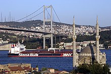 A large ship passes underneath a suspension bridge and behind a small mosque with two towering minarets.