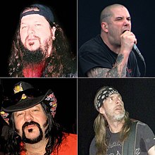 oben links: Dimebag Darrell, oben rechts: Phil Anselmo, unten links: Vinnie Paul, unten links: Rex Brown
