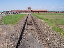 The railway line leading to the death camp at Auschwitz II (Birkenau). Rail leading to Auschwitz II (Birkenau).jpg