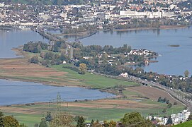 The Hurden peninsular with canal crossing it; Seedamm in background.