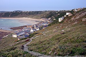 Sennen Cove at dusk, from the cliffs of Pedn-m...