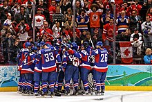 The Slovak national ice hockey team celebrating a victory against Sweden at the 2010 Winter Olympics Slovakia2010WinterOlympicscelebration2.jpg