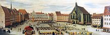 Der Markt zu Nürnberg von Lorenz Strauch (1594). Die Börse befand sich im Nordwesten (links oben).