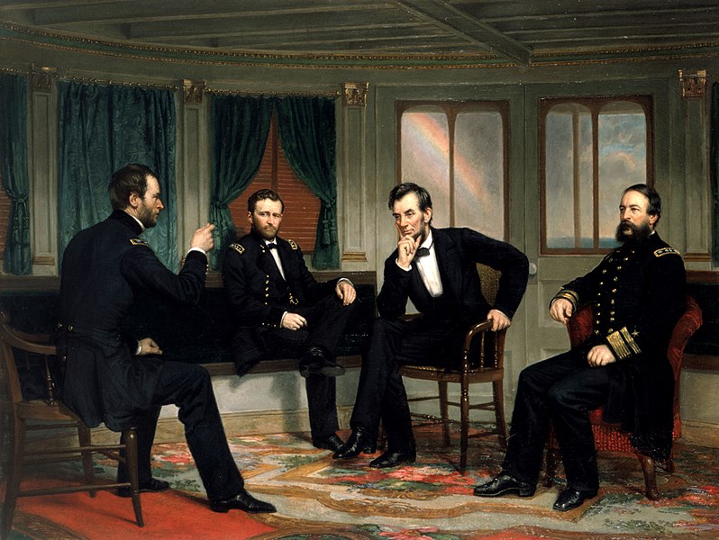 The Peacemakers on the River Queen, March 1865. Sherman, Grant, Lincoln, and Porter pictured discussing plans for the last weeks of the Civil War. 