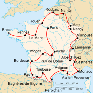 Route of the 1952 Tour de FranceFollowed clockwise, starting in Brest and finishing in Paris