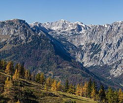 Hochschwab (2277 m) – Ansicht vom Hochanger (1682 m) bei Turnau, Steiermark, Österreich