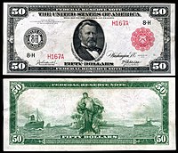 Avers et revers d'un billet de 50 dollars américains, type 1914, sceau rouge