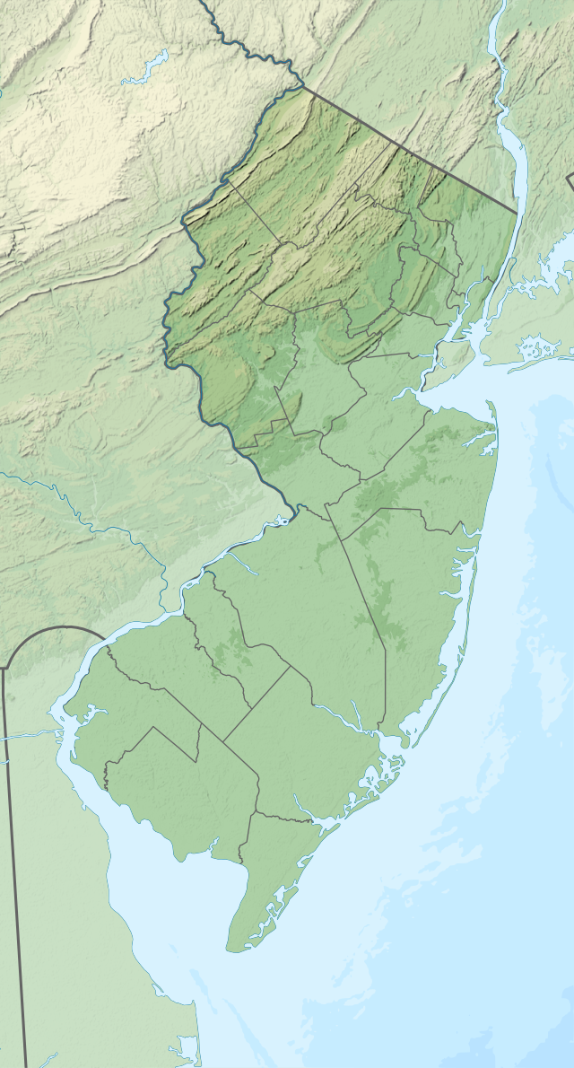 Mapa konturowa New Jersey, po prawej znajduje się punkt z opisem „miejsce bitwy”